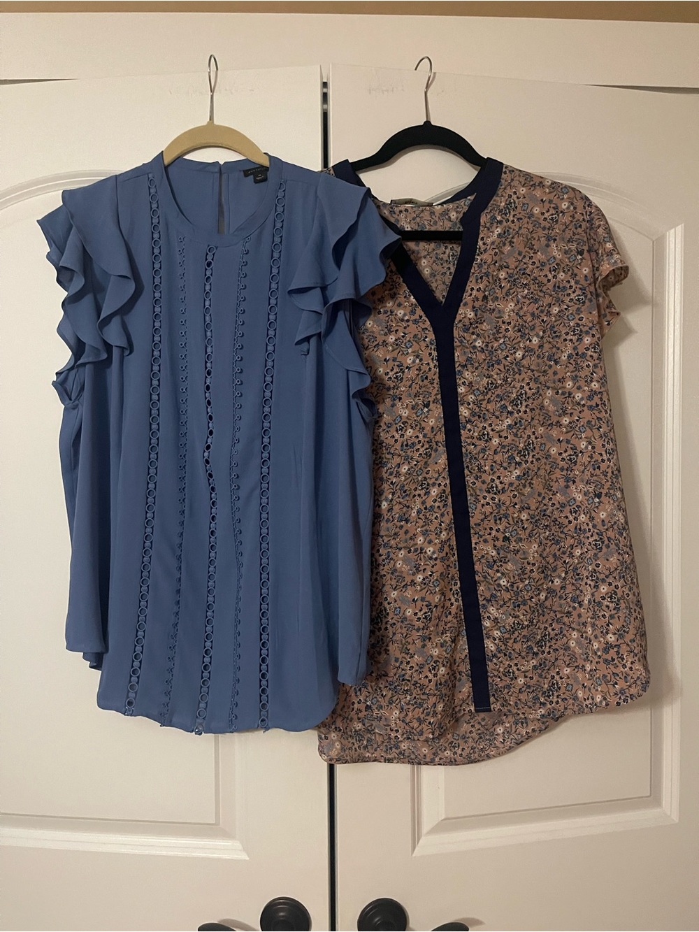 Blue Ruffle Sleeve Blouse - and navy multi color tops. Lightweight Women's Tops